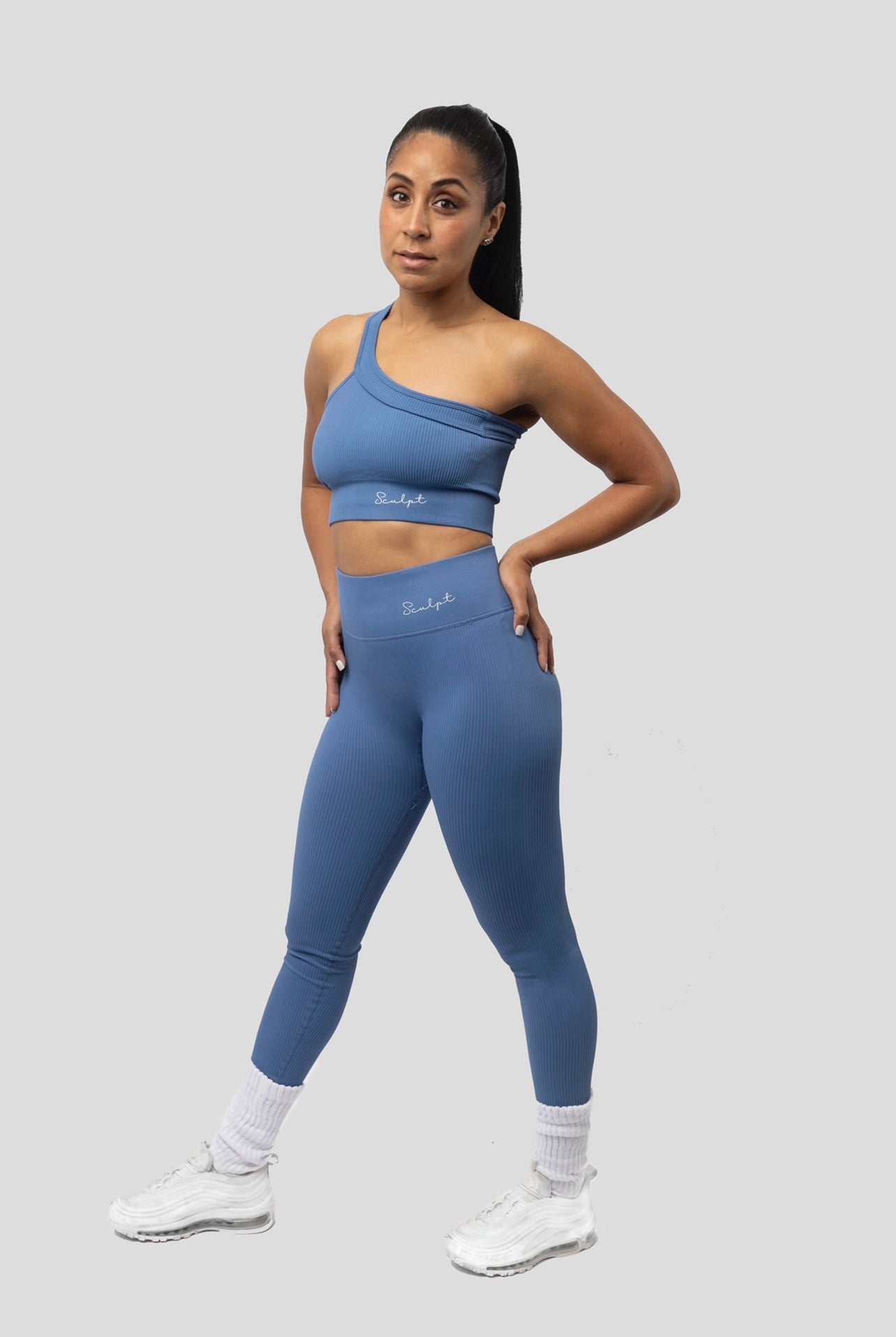 BLUE RIBBED CROSS SHOULDER BRA