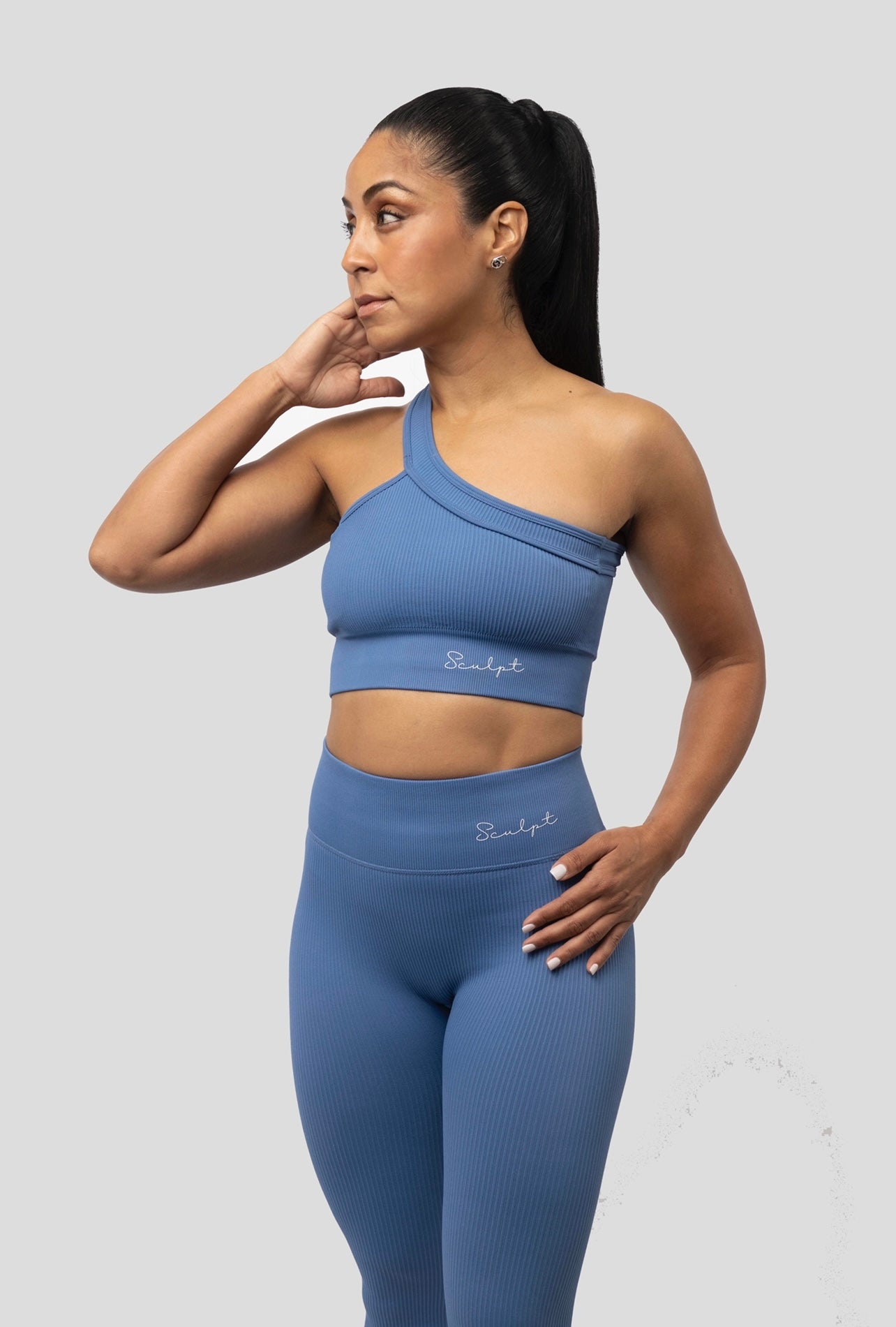 BLUE RIBBED CROSS SHOULDER BRA