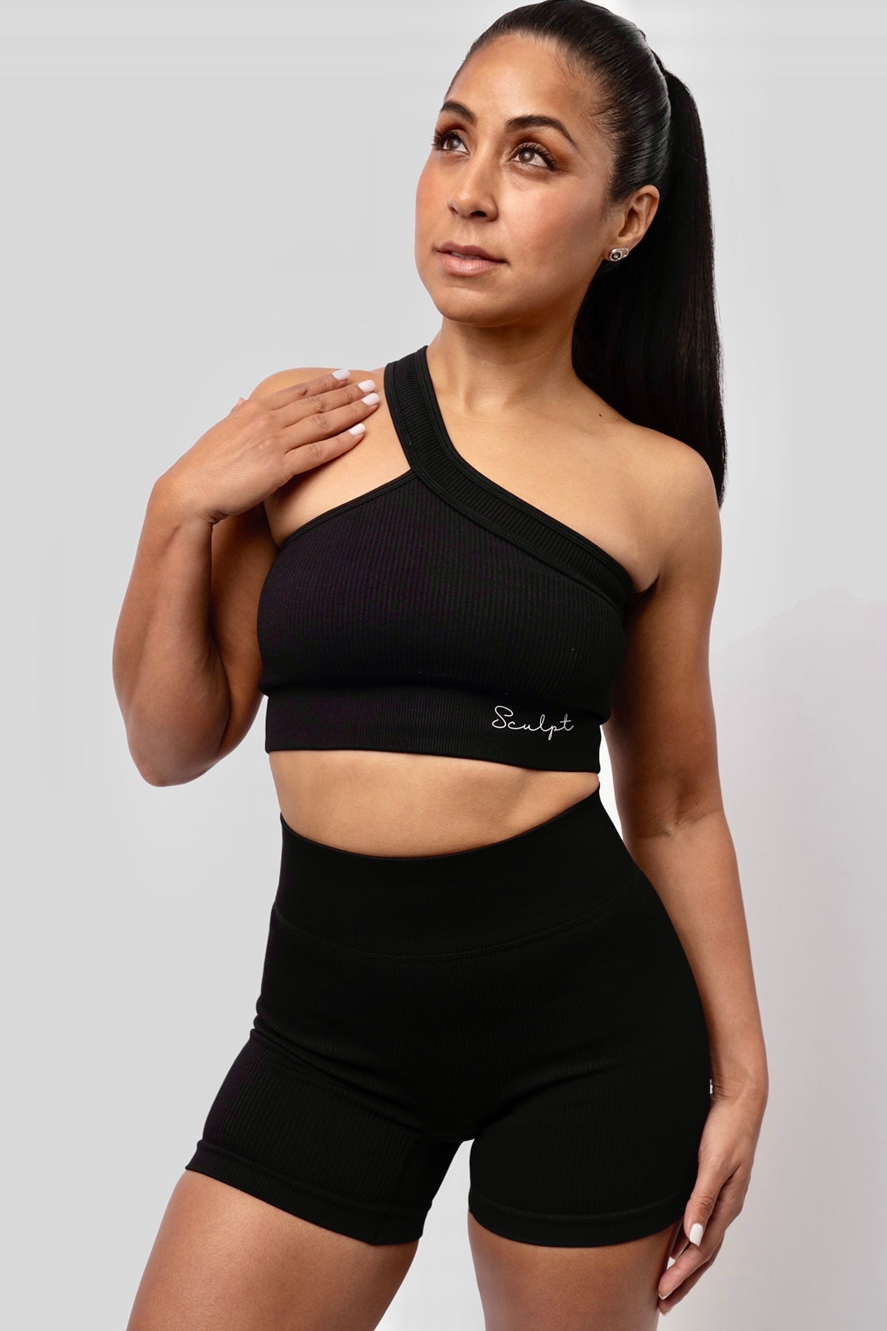 BLACK RIBBED CROSS SHOULDER BRA