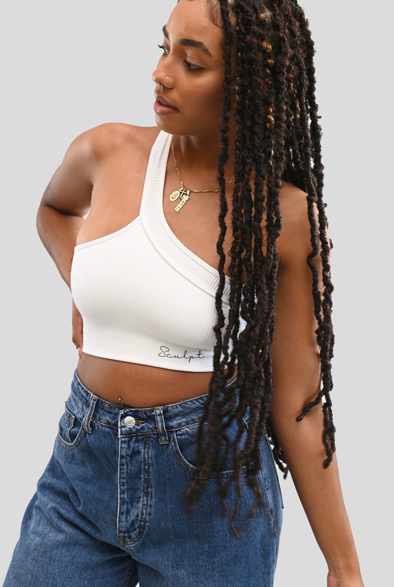 WHITE RIBBED CROSS SHOULDER BRA