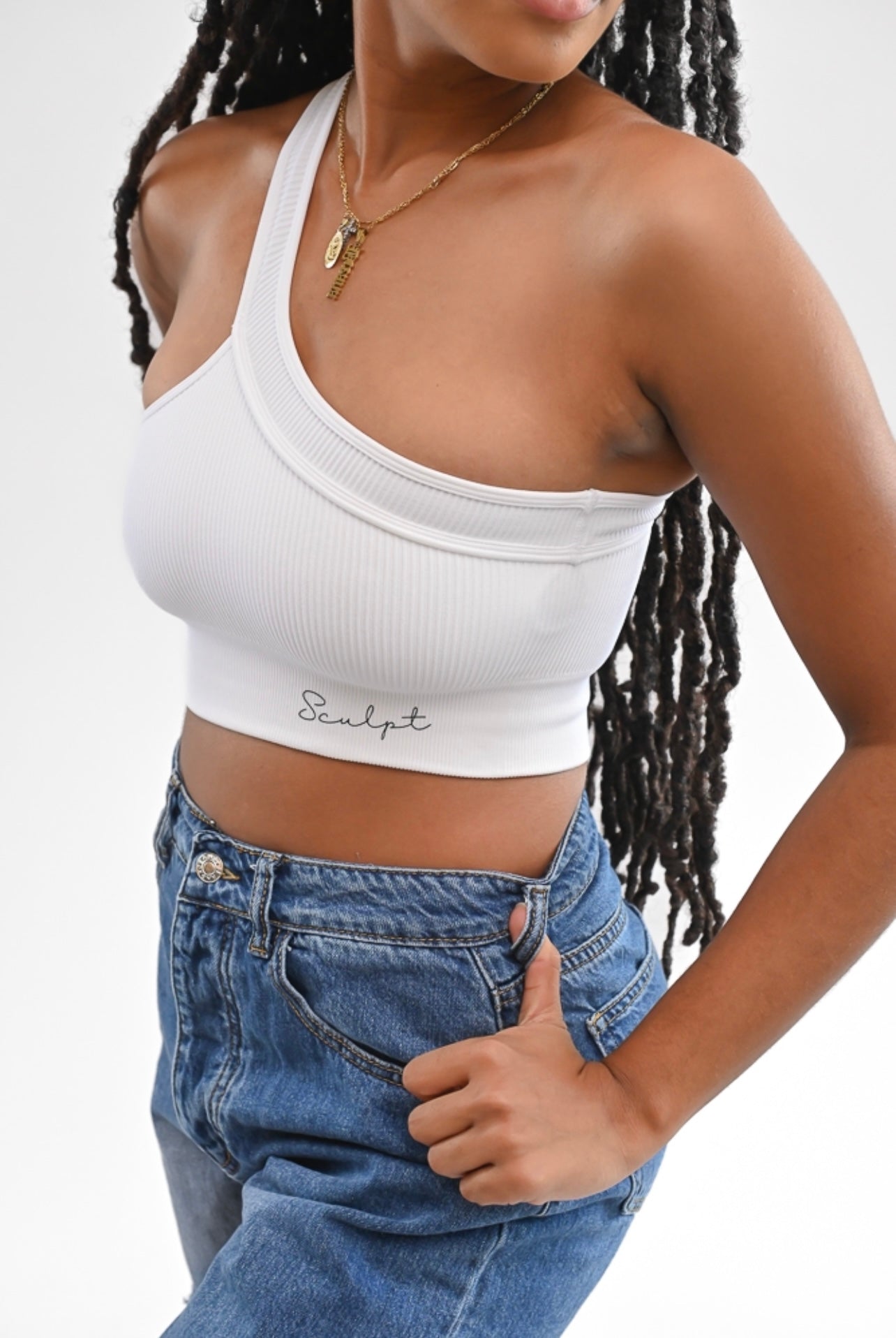 WHITE RIBBED CROSS SHOULDER BRA