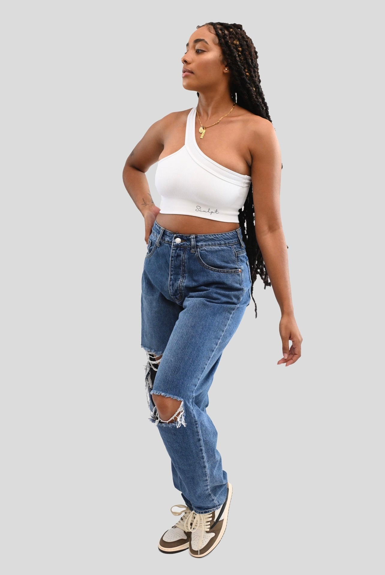 WHITE RIBBED CROSS SHOULDER BRA