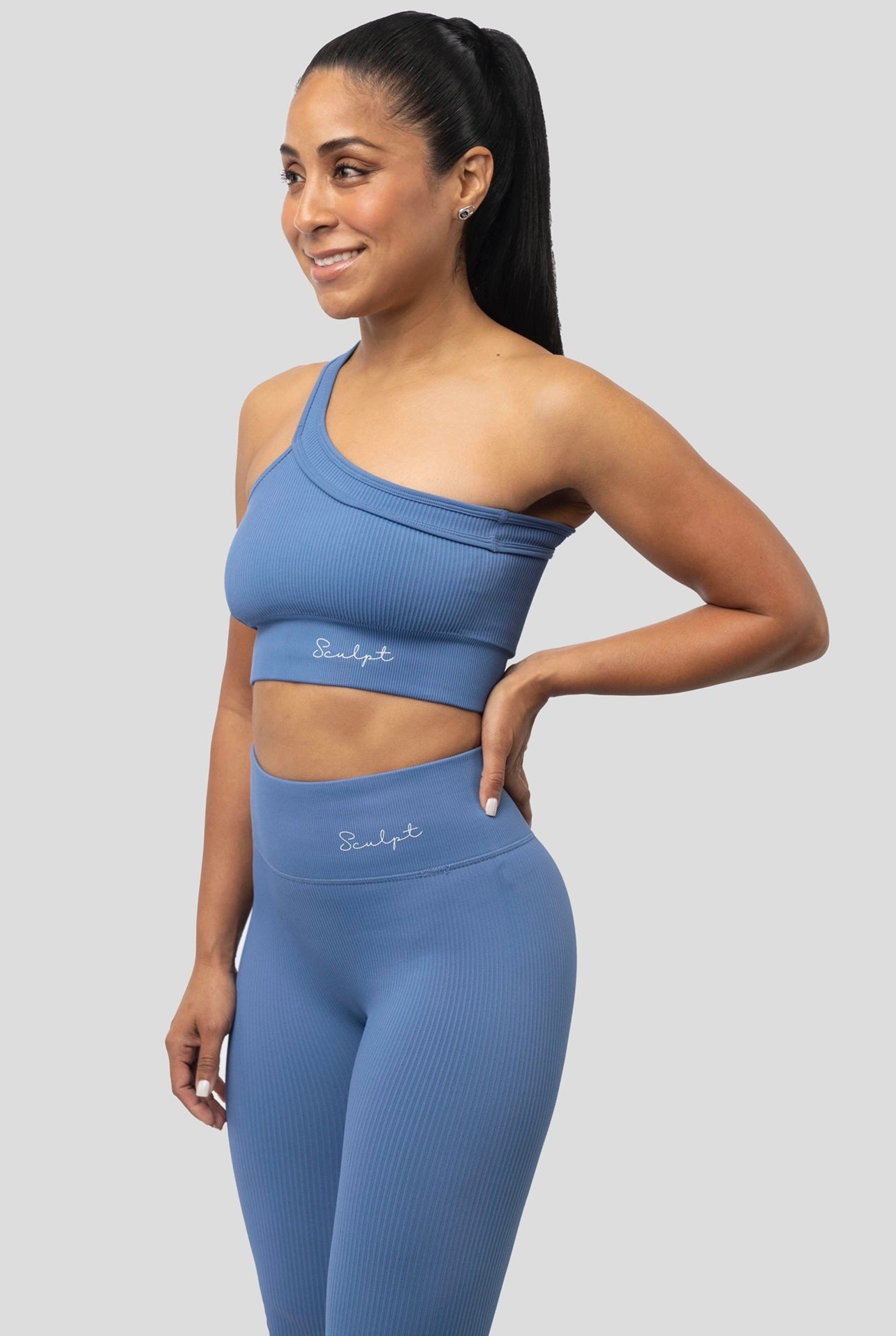 BLUE RIBBED CROSS SHOULDER BRA