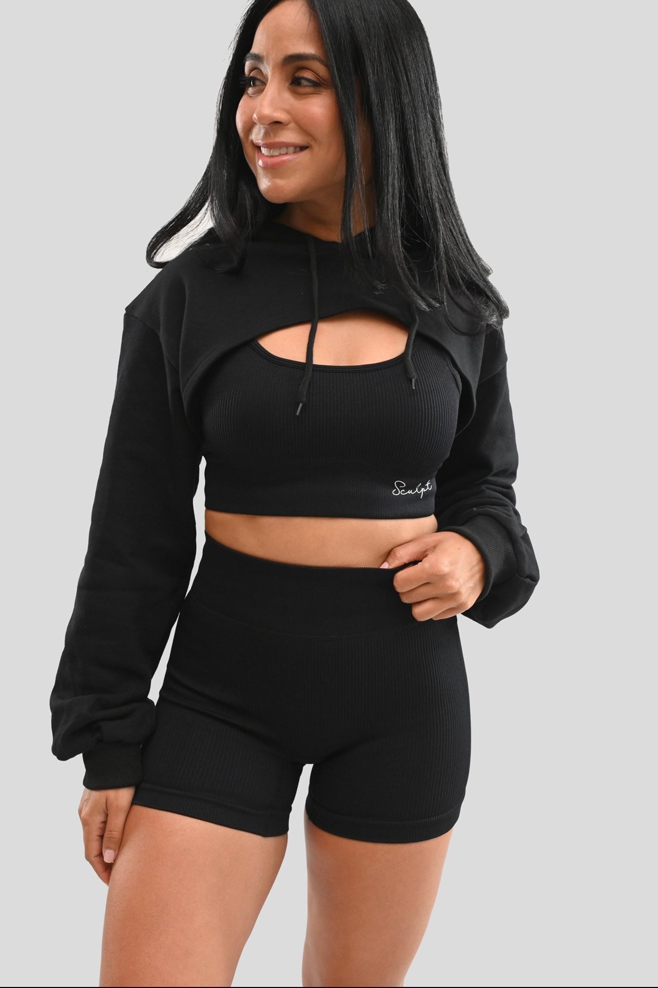 BLACK HOODED CROP SWEATER