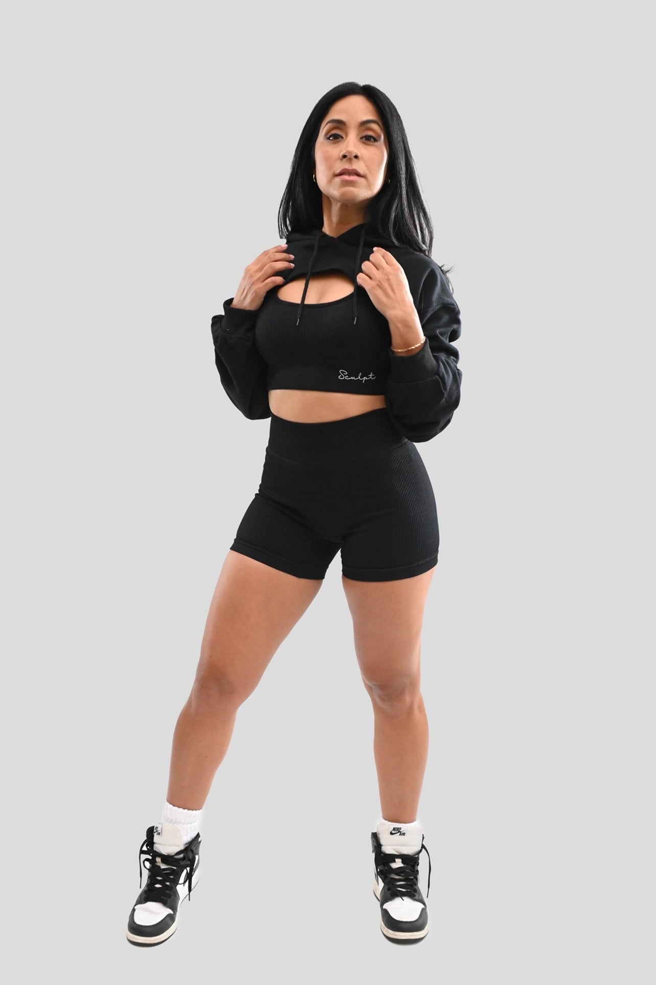 BLACK HOODED CROP SWEATER