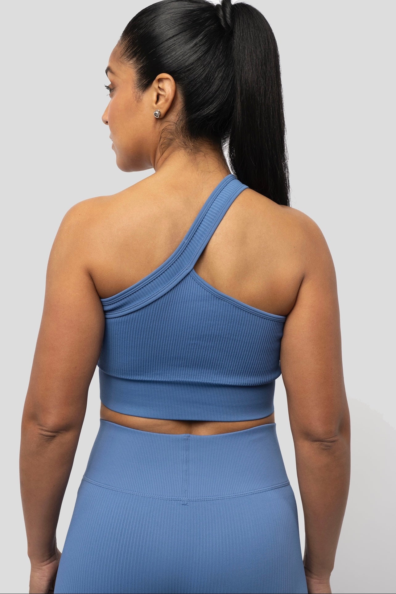 BLUE RIBBED CROSS SHOULDER BRA
