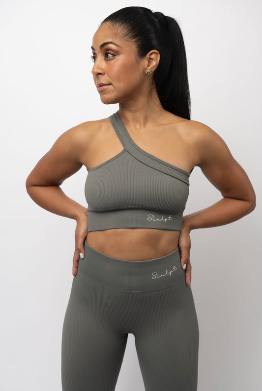 GREY RIBBED CROSS SHOULDER BRA