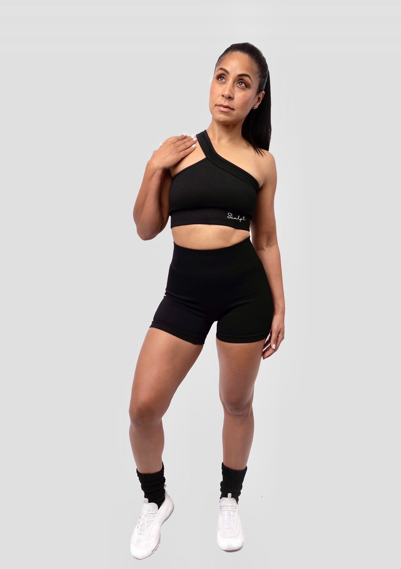 BLACK RIBBED CROSS SHOULDER BRA