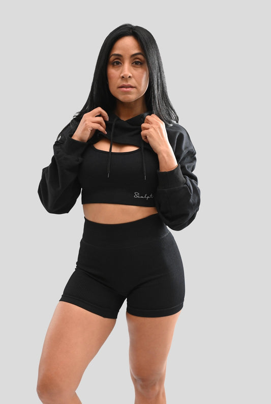 BLACK HOODED CROP SWEATER